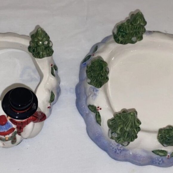 HOME INTERIORS 2 PIECE SNOWMAN DECORATIVE CANDLE JAR TOPPER & BASE HOLDER - Picture 4 of 6